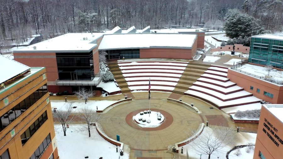 picture of snowy campus taken by drone