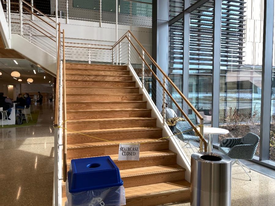 The main stairwell in the Health and Life Sciences Building closed again this week because of loose wood on some of the steps.
