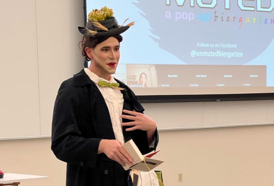 Second-year entrepreneurship student Andrew Parr, who won first place in the business pitch competition, presents his ideas for a popup biergarten dressed as Mary Poppins.