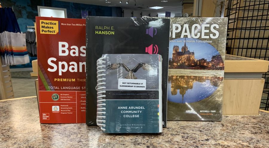 Gen-ed textbooks on a counter