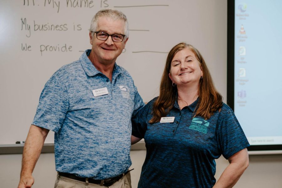 Academic chair of the Entrepreneurial Studies Institute Stephanie Goldenberg (right) and instructional specialist Stephen Berry oversee the Ratcliffe Entrepreneurship Scholarship.