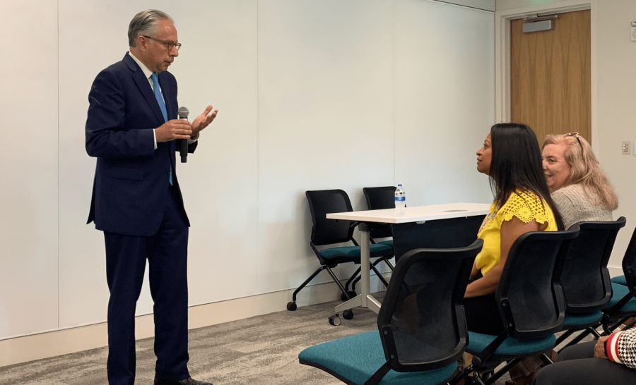 Rafael Laveaga, the chief of the Consular Section at the Mexican Embassy in Washington, speaks about relations between Mexico and the United States for a Hispanic Heritage Month event.