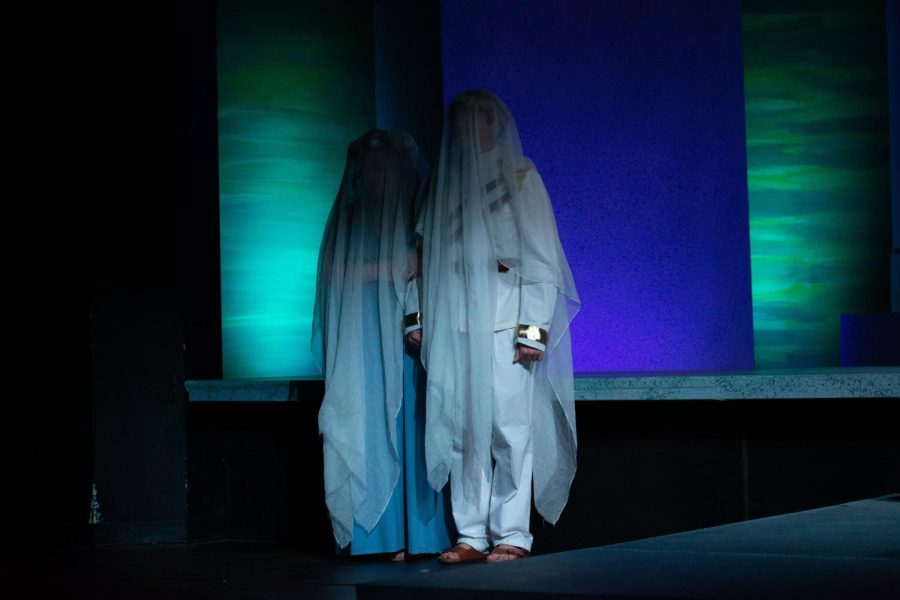 Actors Amanda Matousek and Jackson Bondurant perform in the Moonlight Troupers production of Antigone, running Nov. 11, 12, 13, 18, 19, 20 in the Kauffman Theater.