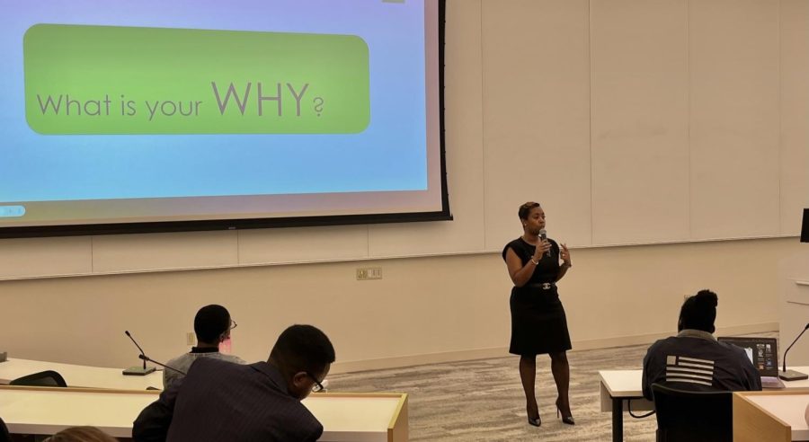 York, Pennsylvania, Assistant Superintendent LeTricia Gloster speaks to AACC students at the Riverhawks Rise leadership conference keynote presentation.