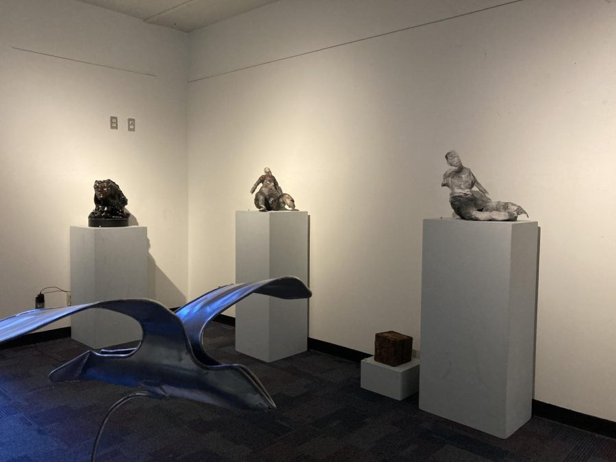 The student Sculpture Club hosted its annual gallery on Thursday. Shown from left to right, Obsidian Tears, Riverhawk and Come As You Are Sitting Pretty.