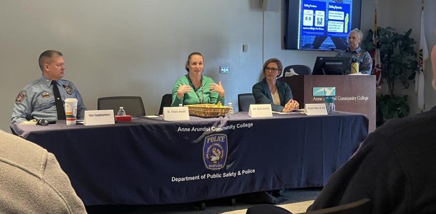 From right to left, AACC Police Chief Sean Kapfhammer, Anne Arundel County Police Detective Kayla Jennings and AACC Compliance Officer Melanie Monts De Oca, a stalking survivor, share advice in an awareness panel at the Arnold Campus on Thursday. Victims of stalking can file a report with AACC police by calling 410-777-1818.