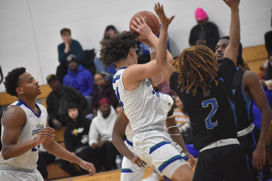 The Riverhawks kept it close in the first half but were outscored 54-29 in the second. Shown, left shooting guard Jeremiah “Scoob” Stroman and guard Jack Taylor.