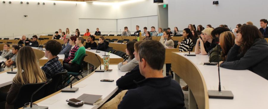 Local high school students listen to keynote speaker Gerardo Martinez at the first annual Anne Arundel Youth Environmental Action Summit, where they learned how to become involved in climate activism.