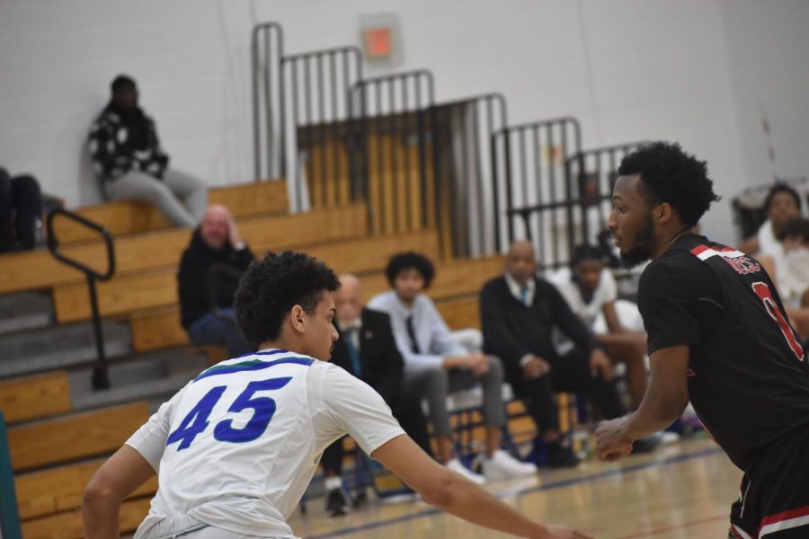 The Riverhawks lost earlier tonight 95-70 to the Baltimore City Community College Panthers. Shown, left, Forward Matt Kostacopolous.