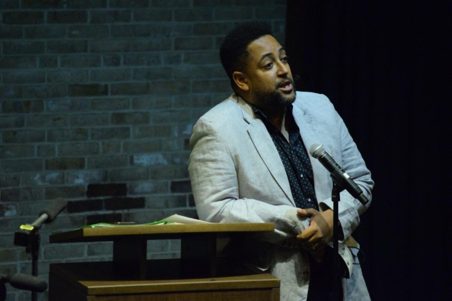 Poet Steven Leyva performs at the Writers Reading event on the Arnold Campus on Thursday.