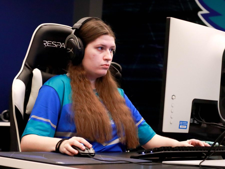 Third-year teaching for secondary education student Kimberly Betters plays Overwatch on the Riverhawks esports squad—the colleges only co-ed varsity sports team.