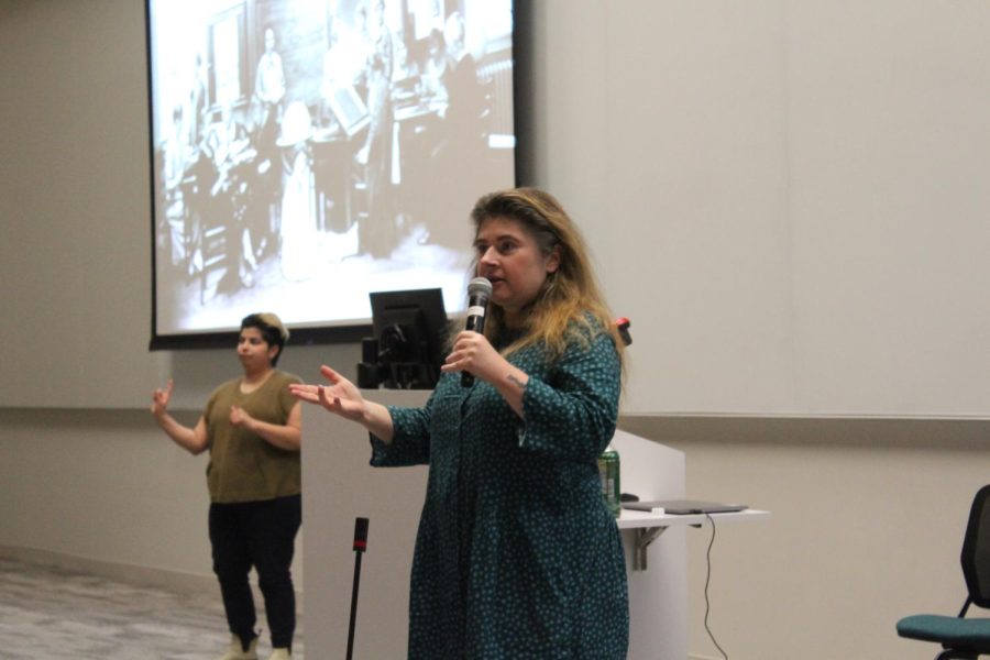 Michelle Thaller, right, speaks to a crowd of students and faculty on Tuesday about the history of women in astrophysics and science. 