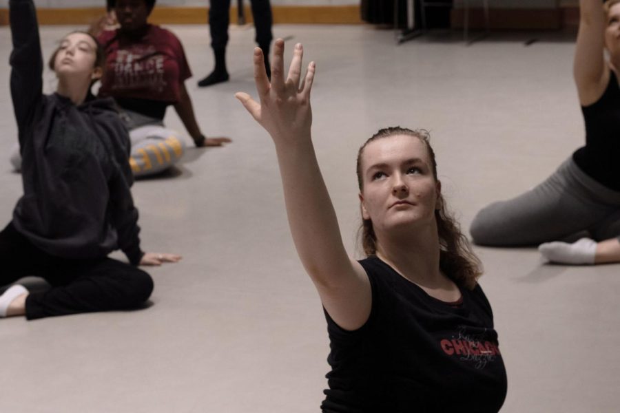 Second-year dance and physical therapy assistant student Sarah Schulze, right, rehearses for “Spring Vibrations,” which AACC’s Dance Company will present in May.