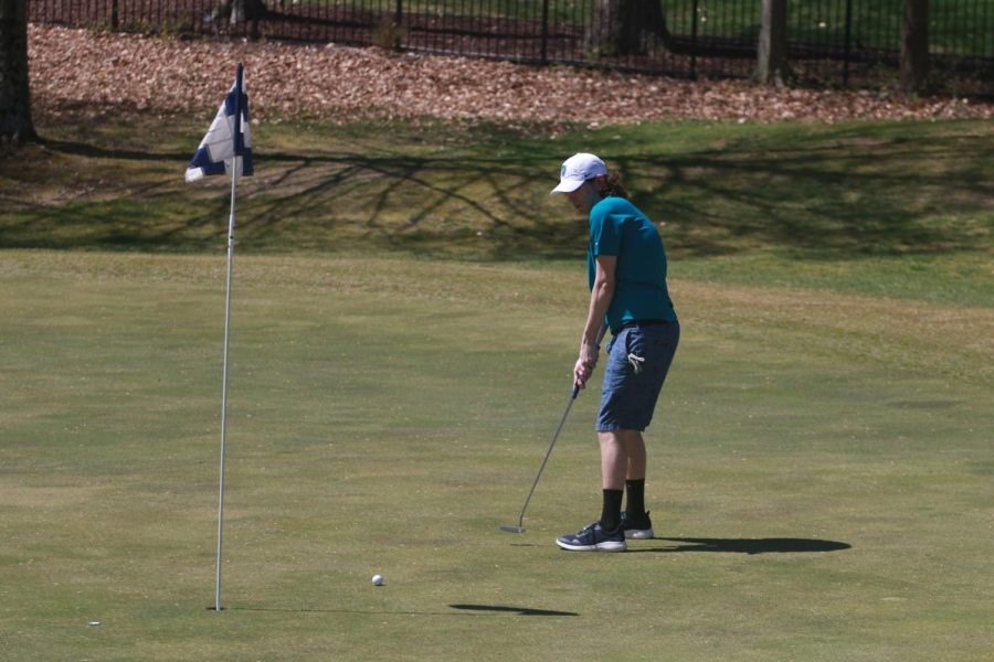 The Riverhawks golf team places first in three of four tournaments in April. The Riverhawks will travel to the College of Southern Maryland today at noon to compete in the Maryland Junior College Athletic Conference championship. Shown, second-year psychology student, Austin Smith.
