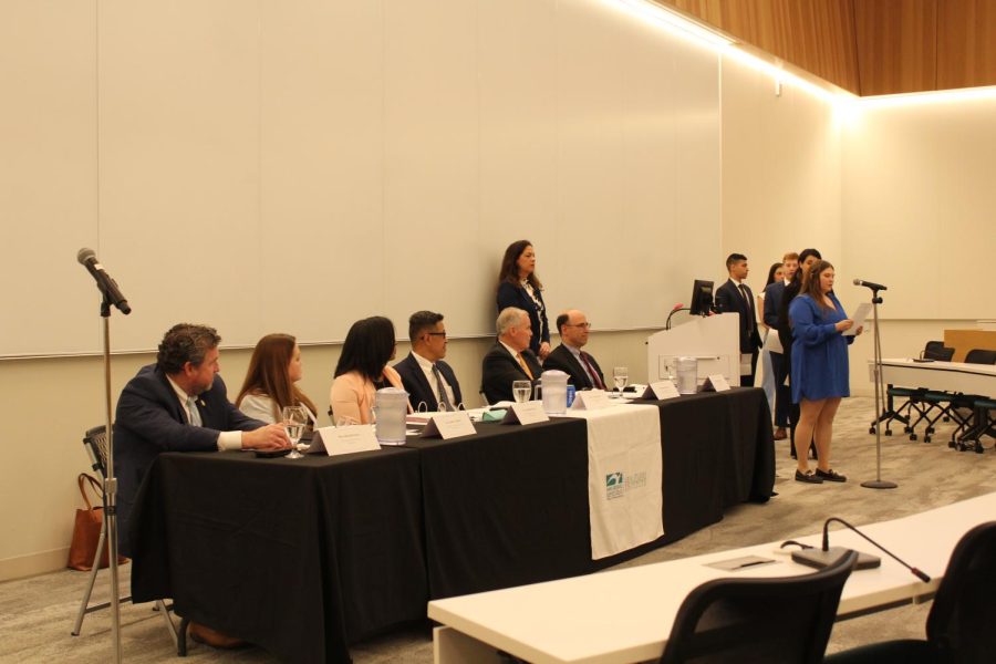 Paralegal students ask members of the Maryland judiciary questions at the Forum on the Judiciary event on Thursday.