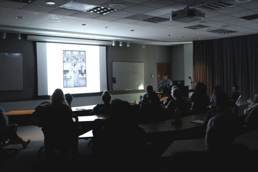 Visiting artist Lisa Elmaleh speaks at a guest lecture on Monday. 