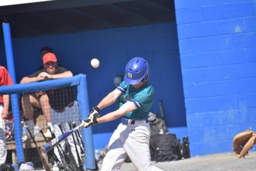 Hitting .300 in baseball is hard to do. But three Riverhawks baseball players are hitting for a combined .342 at the plate. Shown, second baseman John Greenawalt.