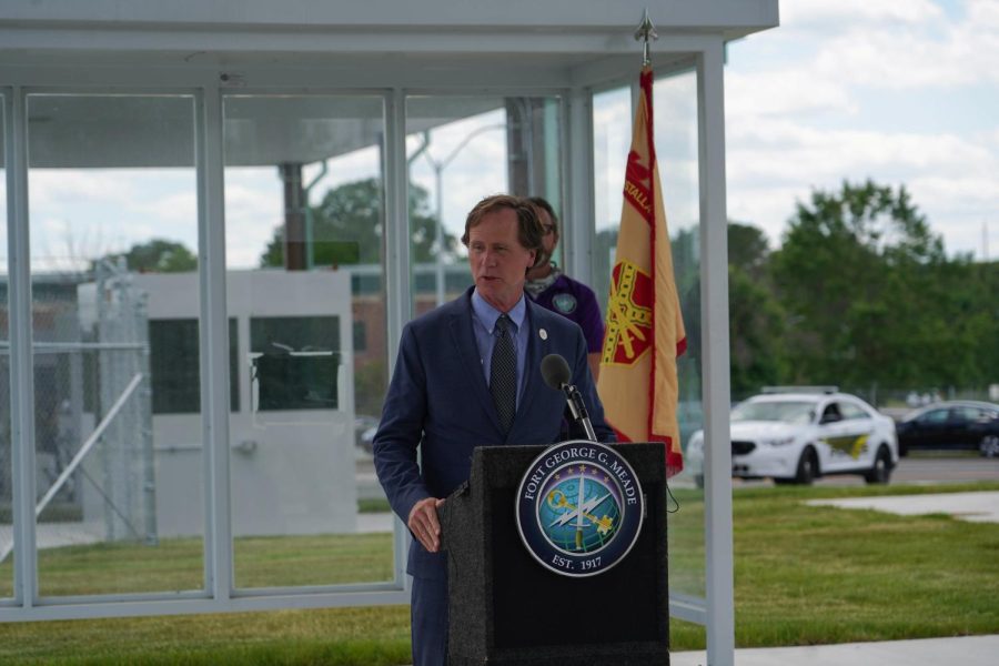 Anne Arundel County Executive Steuart Pittman presented his fiscal year 2024 budget to the County Council on May 1. Shown, Pittman speaks at an event at Fort Meade in June, 2020. 