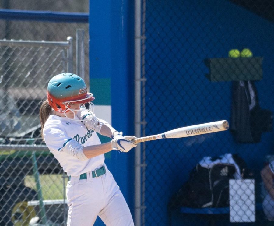 The Riverhawks will play the College of Southern Maryland Hawks tomorrow in the National Junior College Athletic Association Region 20 Division II play-in game. Shown, right fielder Courtney Croson, a second-year transfer studies student.