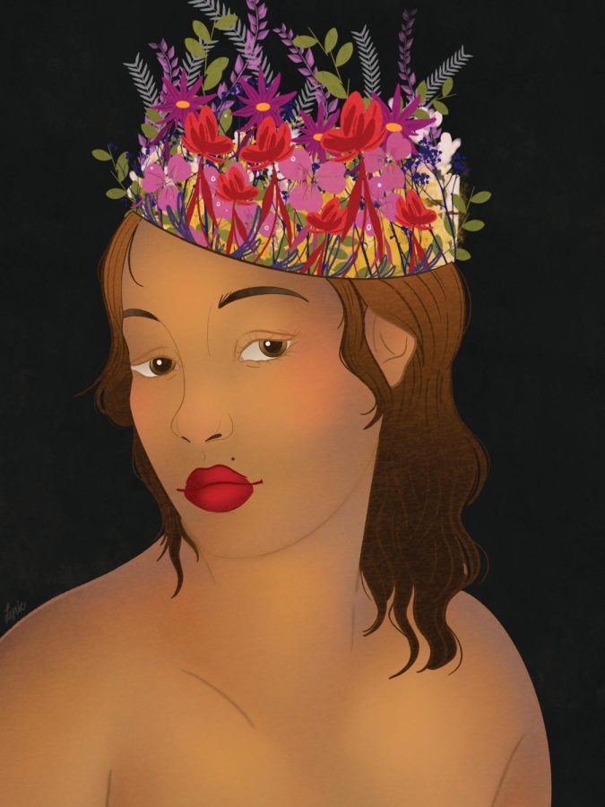 The digital illustration “Emergencia: Princesa de las Flores” by student Lillian R. Putnam is the cover art for the second volume of the Journal of Emerging Scholarship. 