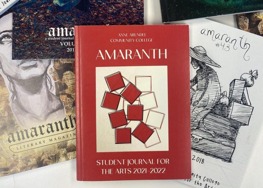 AACC’s journal for the arts, Amaranth, features student works from creative writing to photography. Shown, last year’s 47th edition.
