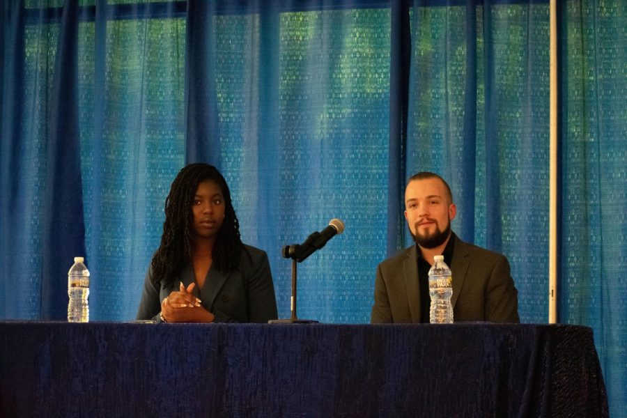 Student Government Association presidential candidates Rabiyatou Bah, left, and Zack Buster at the debate on Monday. 