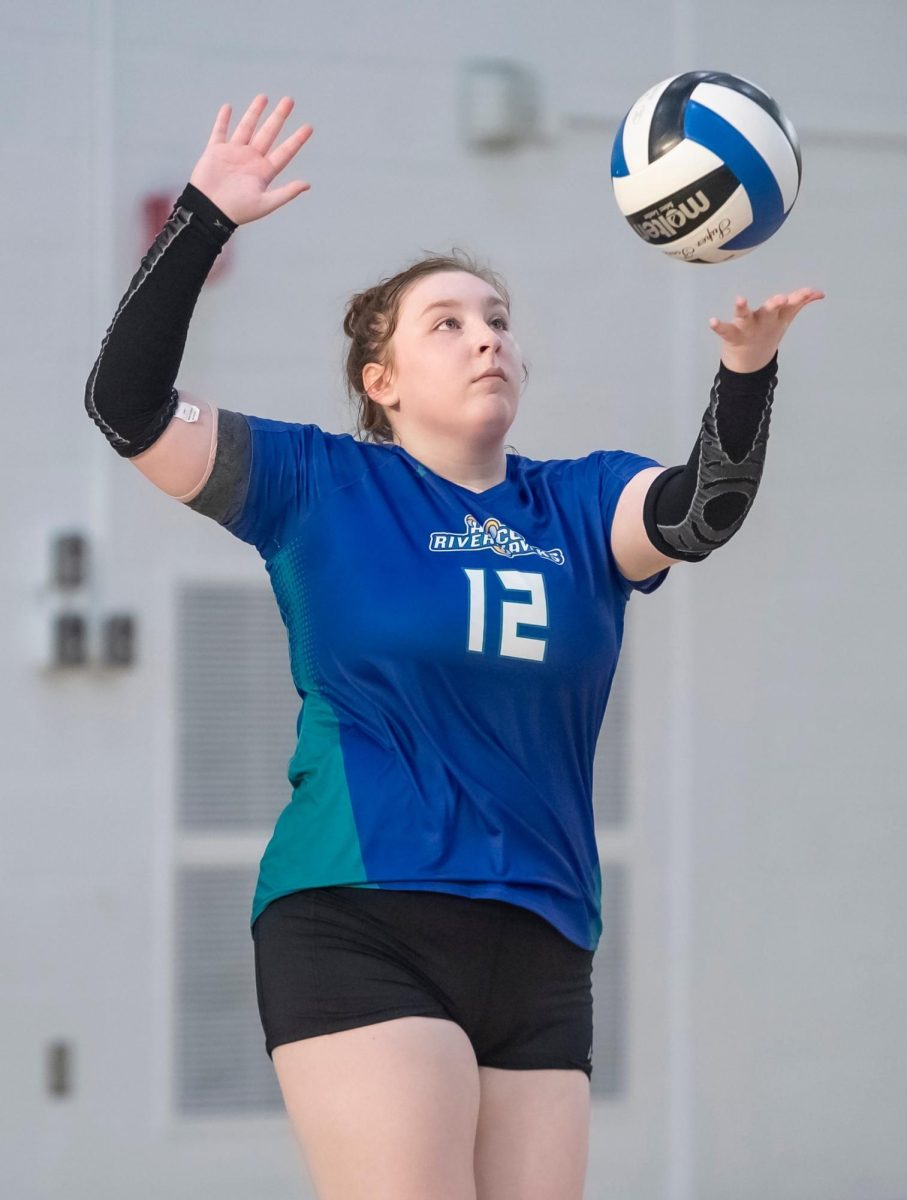 The Riverhawks ended the 2023 volleyball season with a 10-12 record. Shown, first-year outside hitter Emily Poole.