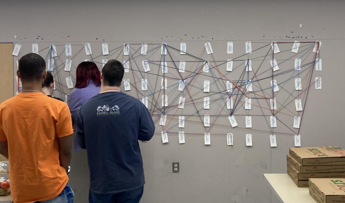 Students used colorful string to create a visual map of their identities at an event on Monday.