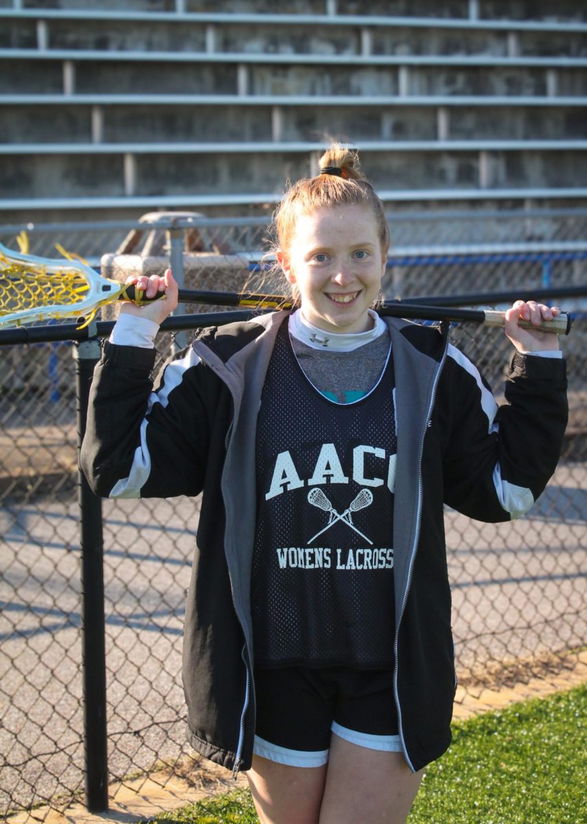 Second-year information student Megan Meek prepares for the first lacrosse game of the season, which will be on March 24. 