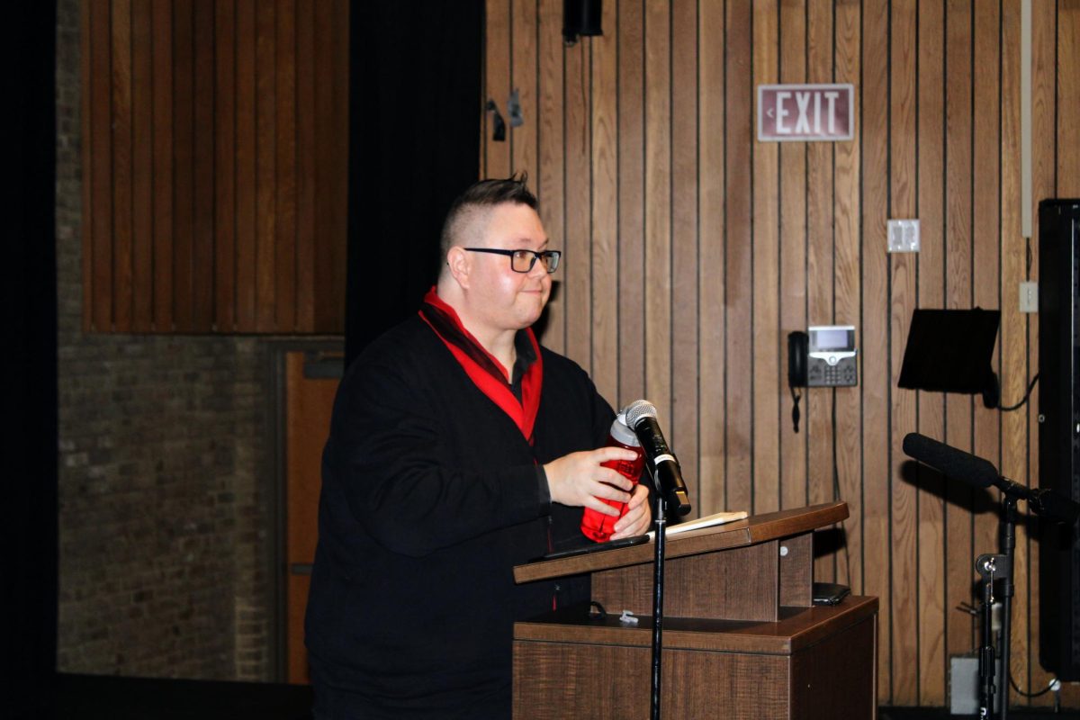 James Allen Hall, the featured artist at the AACCs Writers Reading event, speaks in Humanities 112.