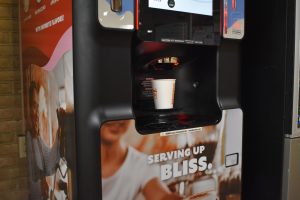 Students can order drip coffee, lattes and hot chocolate from the coffee vending machine in Careers. 