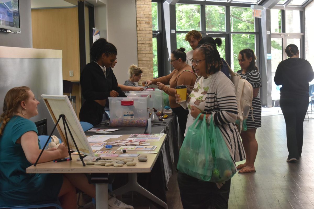 The Health and Wellness Center and Office of Student Engagement set up tables in the Student Union to share resources for students who might be stressed by the upcoming finals week. 