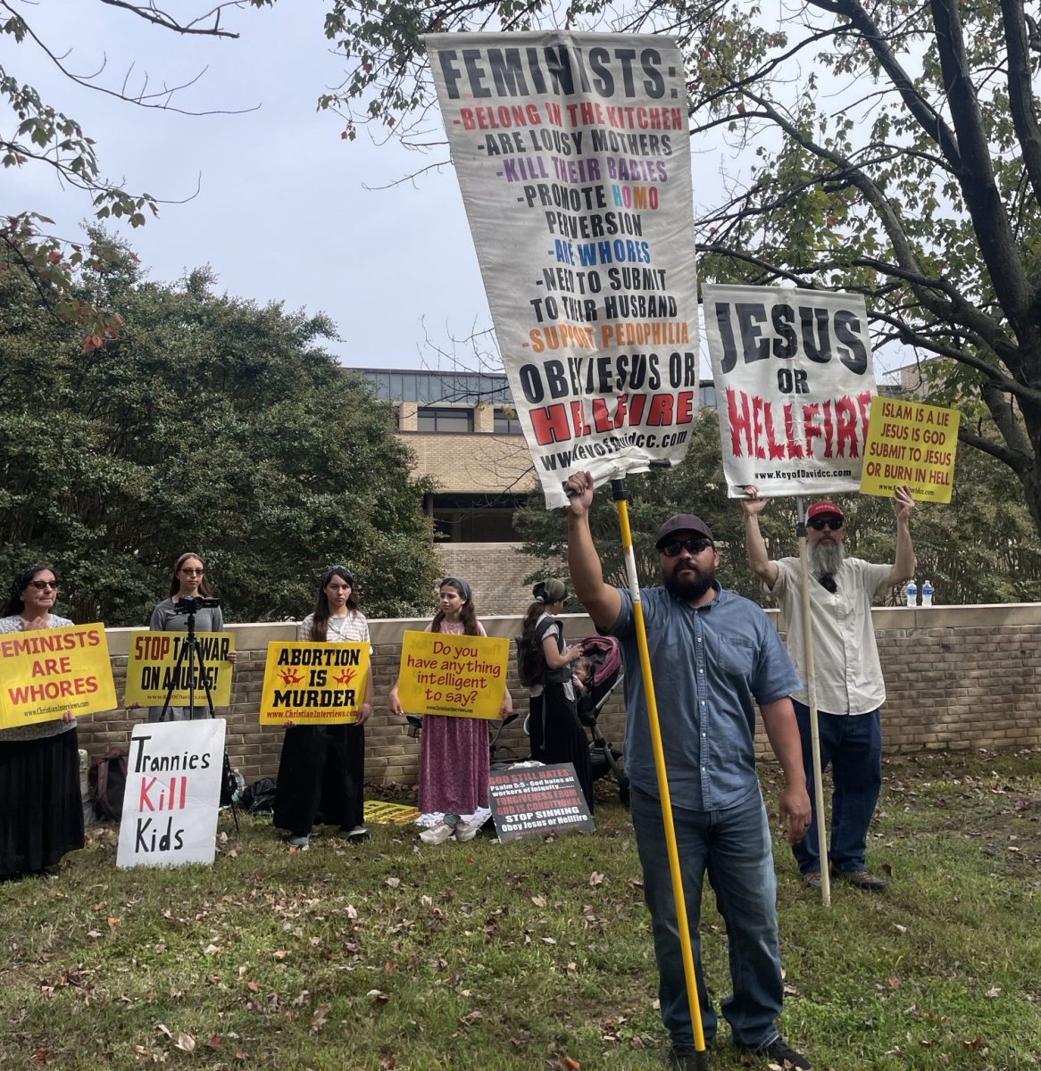 A group of demonstrators who said they are from a Virginia church disrupted the campus on Tuesday, yelling messages of hate about women, gay and trans people, Muslims and other minorities.